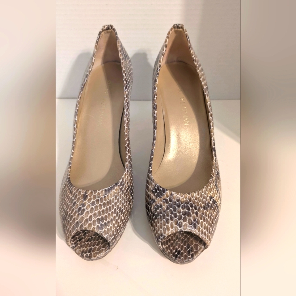 Stuart Weitzman Leather‎ Snakeskin Peep-Toe Heels Size 10